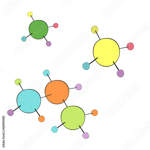 An outline vector illustration of corful molecules isolated on transparent background. Designed in different colors for medical, chemical, science concepts.