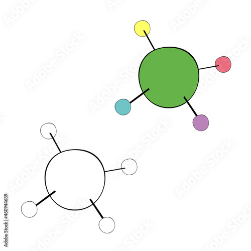 An outline vector illustration of two colorful molecules isolated on white background. Designed for medical, chemical, science concept and as a coloring book page.