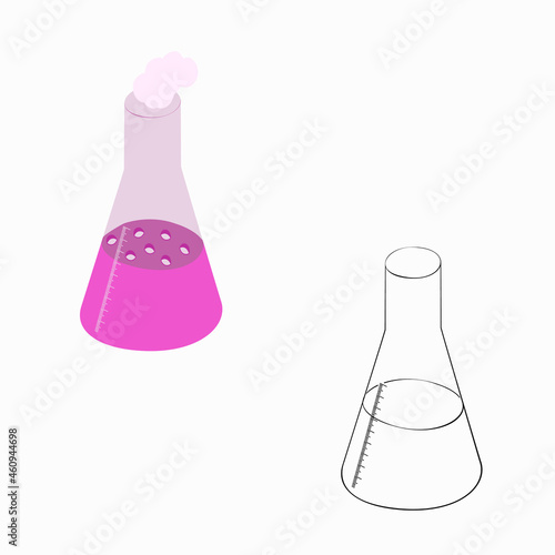 An outline vector illustration of two graduated glass conical flasks isolated on white background. Designed in pink, black and white colors for medical concepts