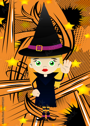 Kids dressed for Halloween with waving hand. Vector cartoon character illustration of kids ready to Trick or Treat.