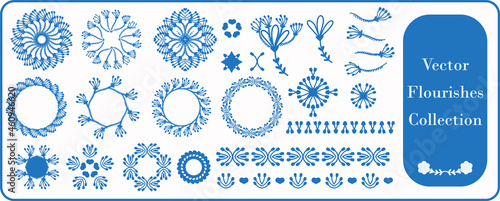 Scandia style small floral motif flourish vector collection. Minimal hand drawn icon set with borders, divider and frame sketch drawing. For stylish decorative social media elements and label design.