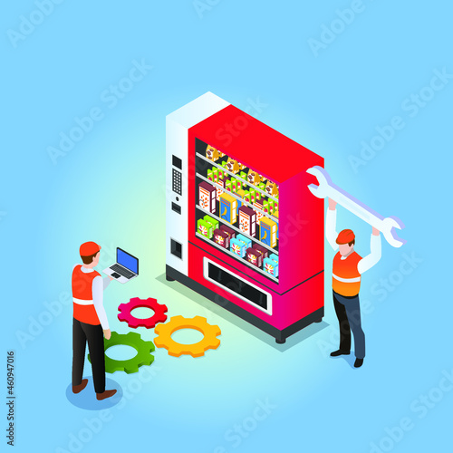 Fixing vending machine 3d isometric vector illustration concept for banner, website, landing page, ads, flyer