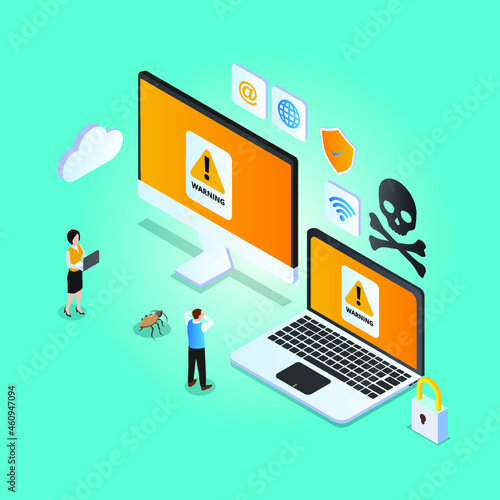 Business people with warning sign on computer network 3d isometric vector illustration concept for banner, website, landing page, ads, flyer