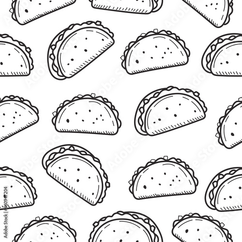 Taco doodle seamless pattern with black and white color suitable for background or decoration