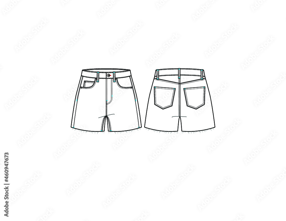 Vector high waisted denim twill shorts croquis CAD  illustrator