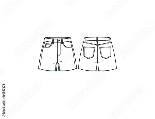 Vector high waisted denim twill shorts croquis CAD  illustrator
