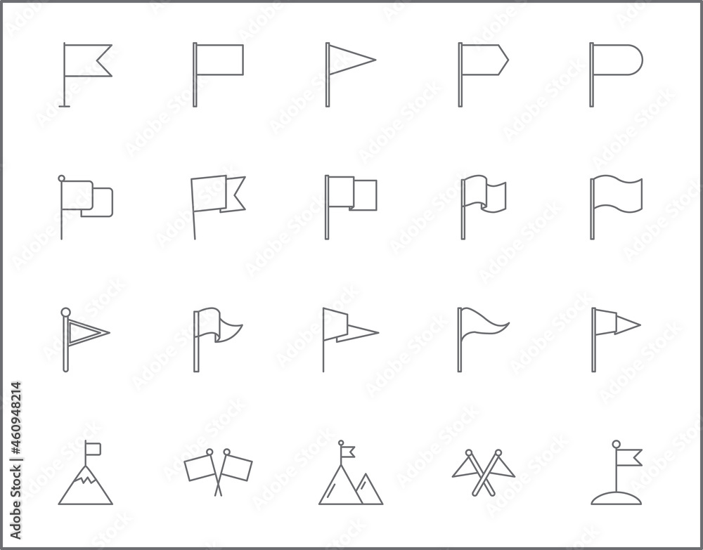 Set of flag and mark line style. It contains such as marker, pointer, flagpole, label, pennant, sign and other elements. Set of flag and mark line style. It contains such as marker, pointer, flagpole, label, pennant, sign and other elements.