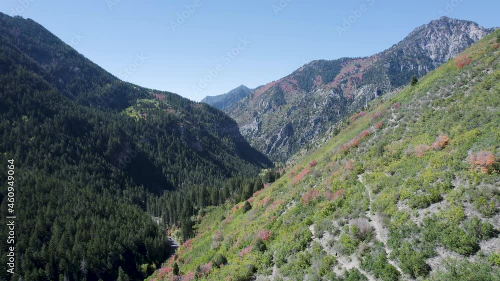 Aerial View Of American Fork Canyon During Autumn In The Wasatch Mountains Of Utah, United States - drone shot Aerial View Of American Fork Canyon During Autumn In The Wasatch Mountains Of Utah, United States - drone shot