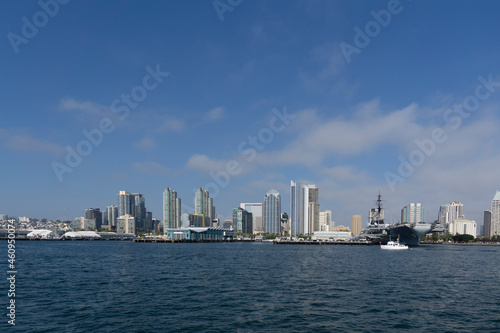 View of skyline and USS Midway aircraft carrier in downtown San Diego California © Renata