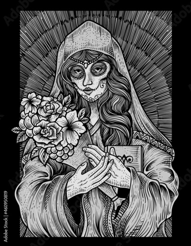 illustration sugar woman skull with engraving style