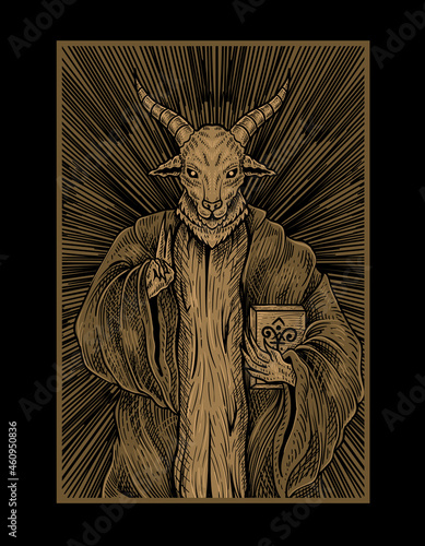 illustration baphomet god with engraving style