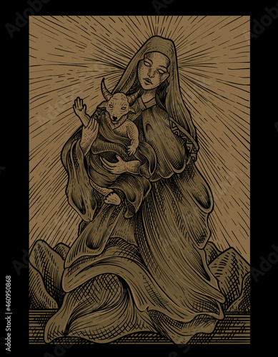 illustration baby baphomet and mother with engraving style