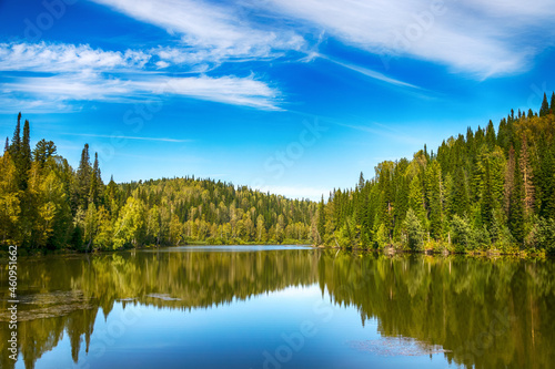 Blue sky reflection in the river water landscape