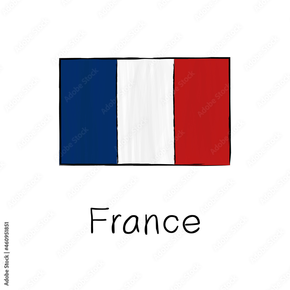 France flag with outline and signature isolated on a white background. Hand drawn color vector illustration in sketch style. France flag with outline and signature isolated on a white background. Hand drawn color vector illustration in sketch style.