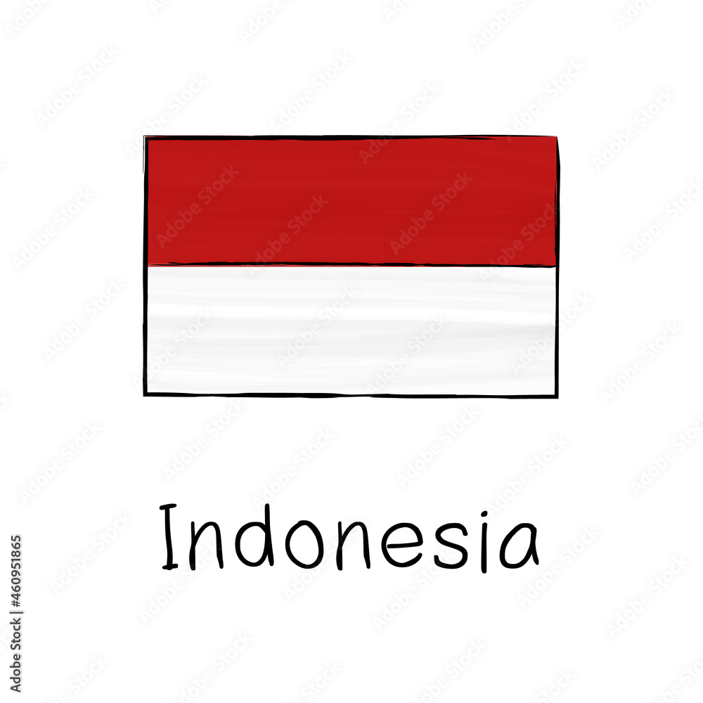 Indonesia flag with outline and signature isolated on a white background. Hand drawn color vector illustration in sketch style. Indonesia flag with outline and signature isolated on a white background. Hand drawn color vector illustration in sketch style.