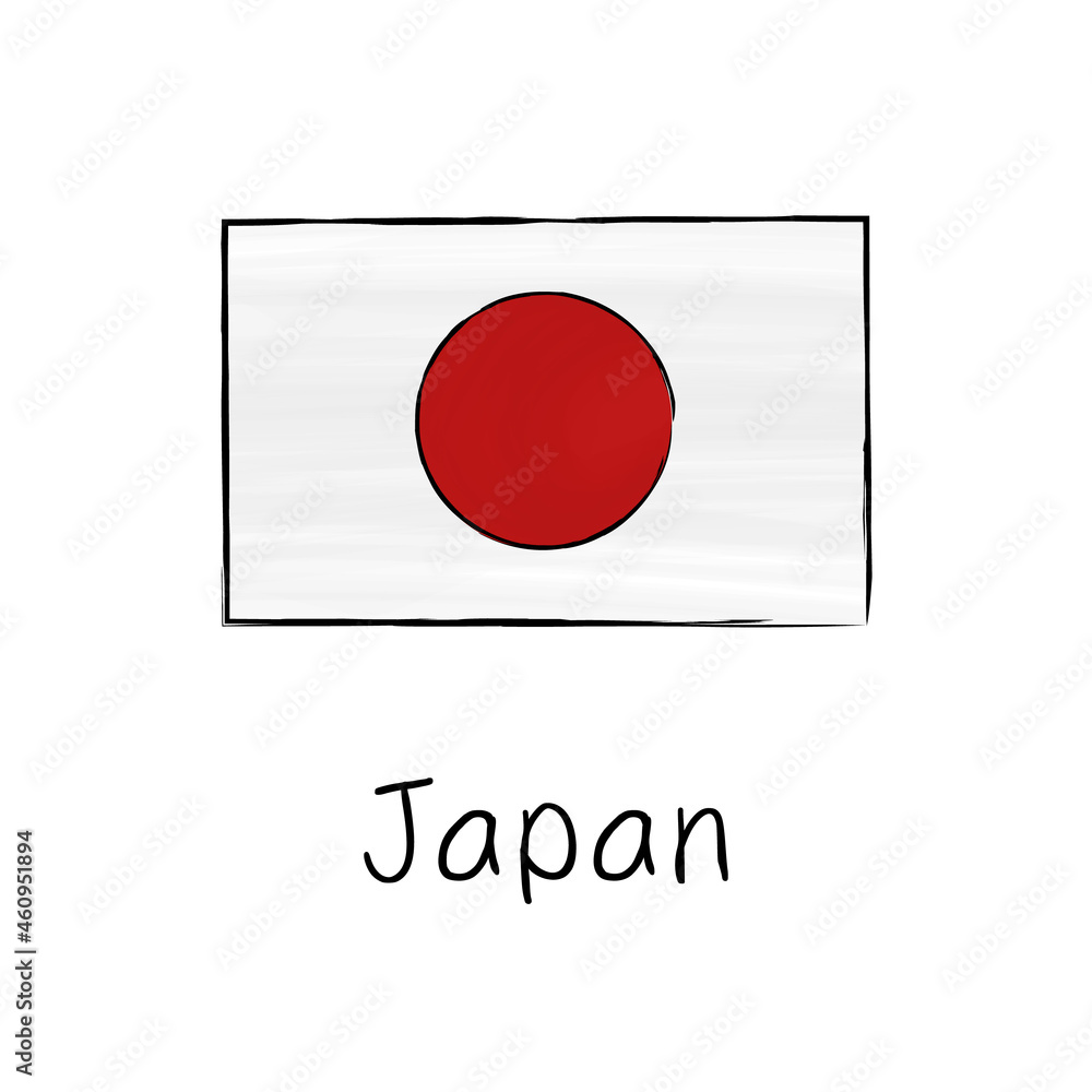 Japan flag with outline and signature isolated on a white background. Hand drawn color vector illustration in sketch style. Japan flag with outline and signature isolated on a white background. Hand drawn color vector illustration in sketch style.
