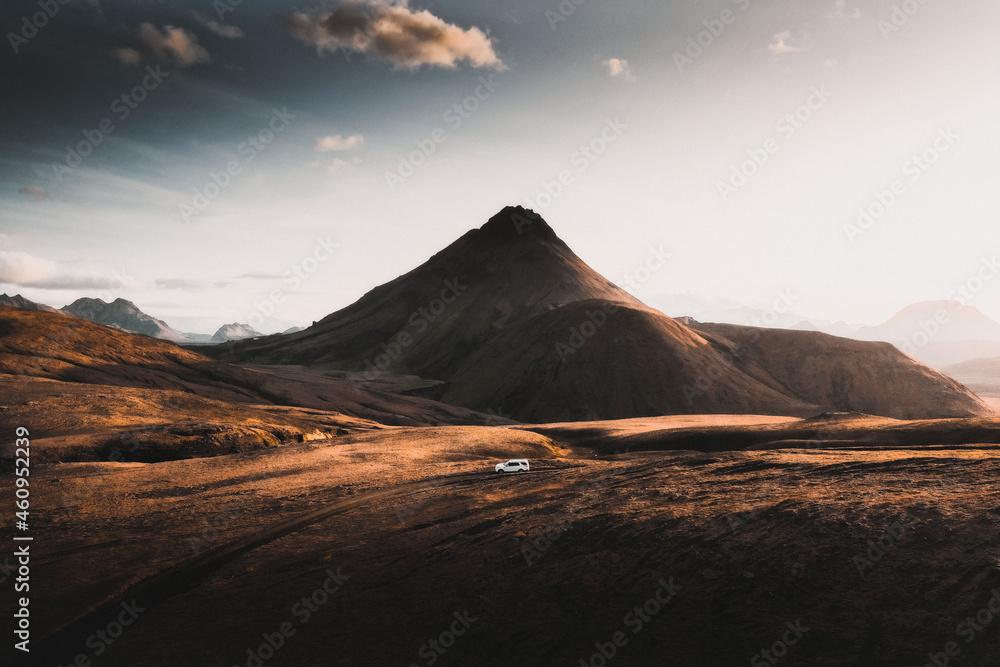 Landscape desktop wallpaper background, SUV car driving in the countryside, warm tone