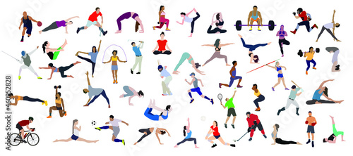Group of people performing sports activities, doing yoga and gymnastics exercises, jogging, riding bicycles, playing ball game and tennis. Outdoor workout. Flat cartoon vector illustration