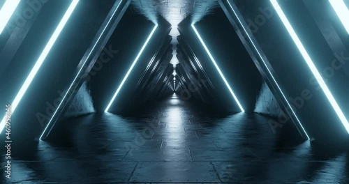 3d rendering seamless loop motion of metal corridor with light blue neon light.