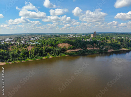 Aerial view of the high bank of Vyatka and a grain elevator (Kotelnich, Kirov region, Russia)