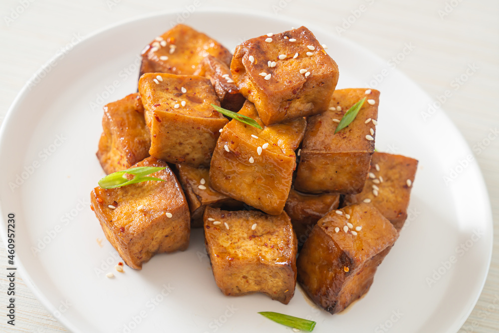 fried tofu with white sesame and teriyaki sauce fried tofu with white sesame and teriyaki sauce