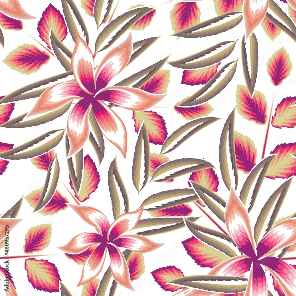 Fototapeta premium Illustration with cute and colorful flowers and plants leaves seamless tropical pattern. floral wallpaper. tropical background. jungle print. exotic summer. fashionable texture