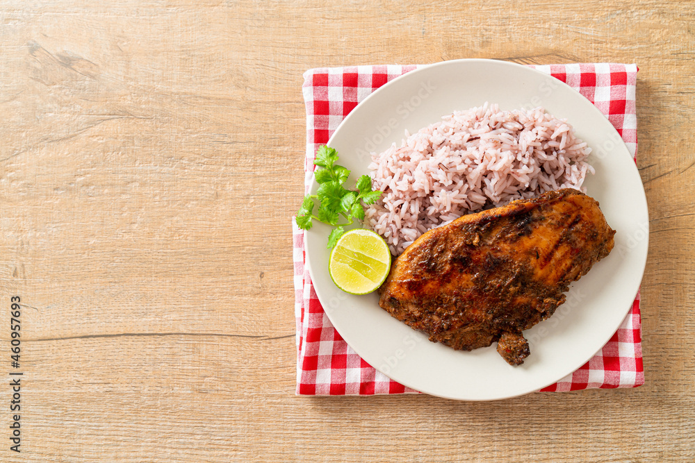 spicy grilled Jamaican jerk chicken with rice