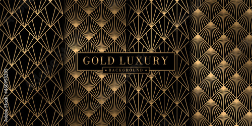 Abstract geometric pattern with gold luxury Art Deco pattern combination set. Brochure cover template vintage wallpaper collection