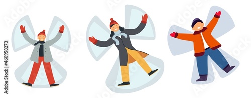 Kids playing leaving traces of snow angels vector