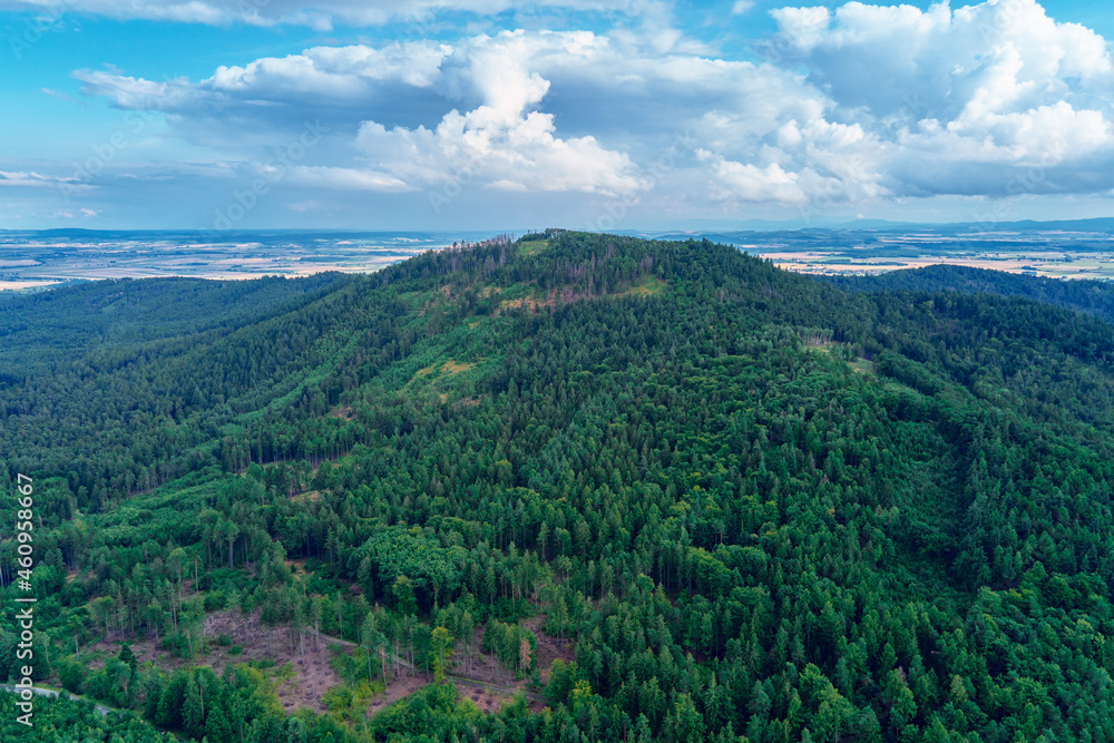 Fototapeta premium Aerial view of beautiful landscape in Mountains with forest. Sleza mountain near Wroclaw in Poland. Nature background