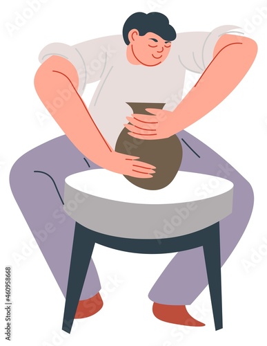 Man sculpting pot, pottery hobby or classes study