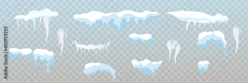 Snow caps, snowballs and snowdrifts set. Snow cap vector collection. Winter decoration element. Snowy elements on winter background. Cartoon template. Snowfall and snowflakes in motion. Illustration.