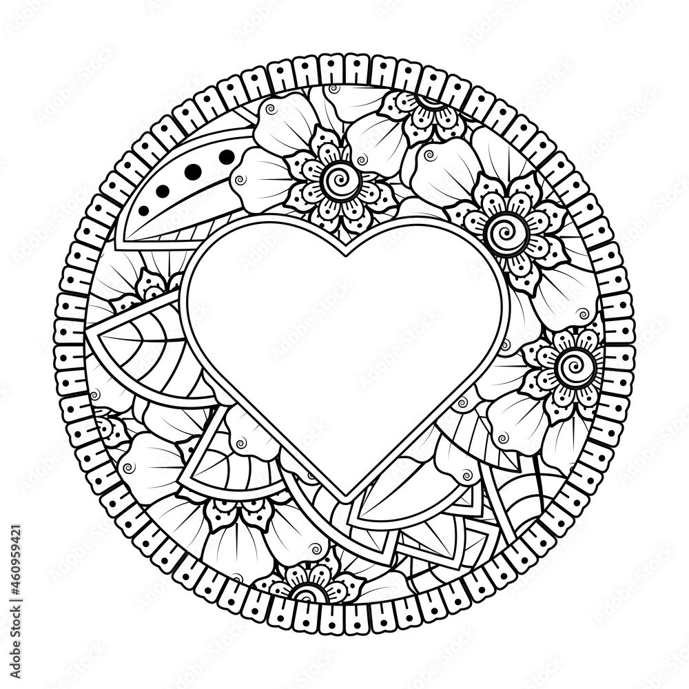 mehndi flower with frame in shape of heart. decoration in ethnic oriental, doodle ornament.