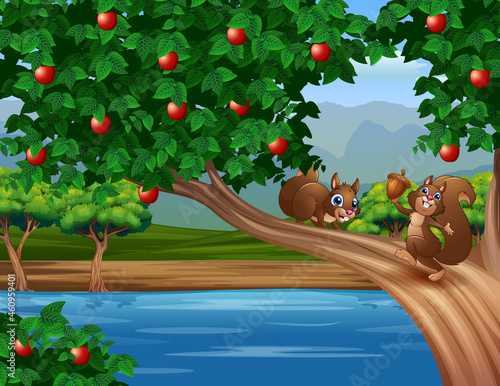 Cartoon illustration a cute squirrels on the apple tree