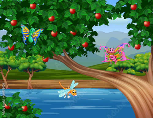 Illustration of some insects flying near the apple tree