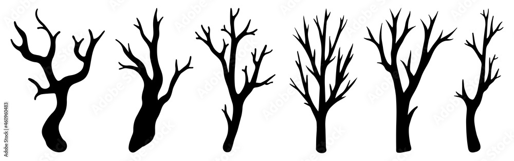 Fototapeta premium Dry leafless branches vector set. Hand-drawn illustration isolated on white background. Silhouettes of bare twigs. Collection of botanical sketches. Natural monochrome elements.