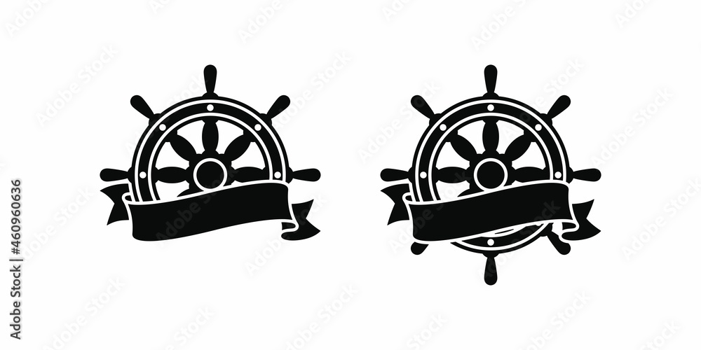 Set of black and white illustrations of a steering wheel, ribbon on a white background. Design element for emblem, label, badge, sticker. Vector illustration. Marine symbols. Set of black and white illustrations of a steering wheel, ribbon on a white background. Design element for emblem, label, badge, sticker. Vector illustration. Marine symbols.