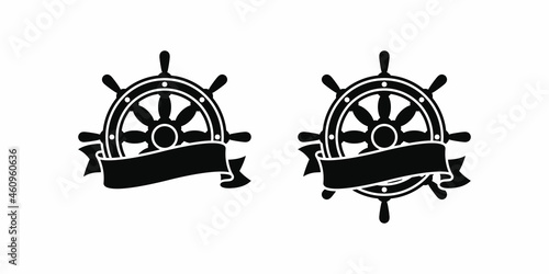 Set of black and white illustrations of a steering wheel, ribbon on a white background. Design element for emblem, label, badge, sticker. Vector illustration. Marine symbols.