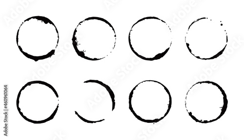 Coffee stain ring set. Vector illustration. Drink stain stamp with round shape and splash element. Coffee cup bottom circle effect.
