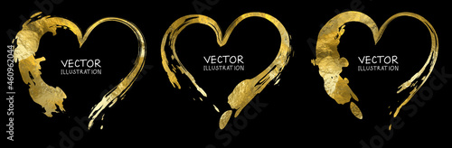 Gold heart isolated on black backgrounds set, hand painted golden vector.