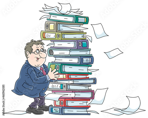 Fat clerk at his office with a big stack of folders with documents, vector cartoon illustration on a white background