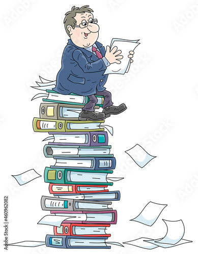 Fat clerk at his office sitting on a big stack of folders with documents, vector cartoon illustration on a white background