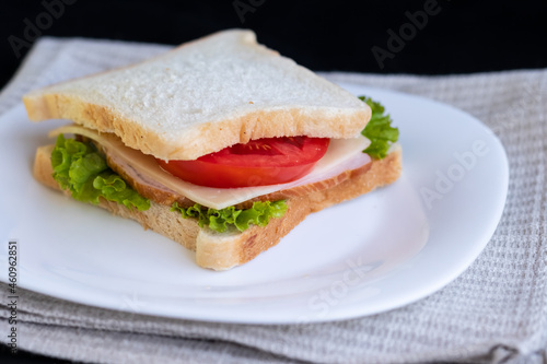 sandwich with ham tomatoes cheese with salad on a white plate