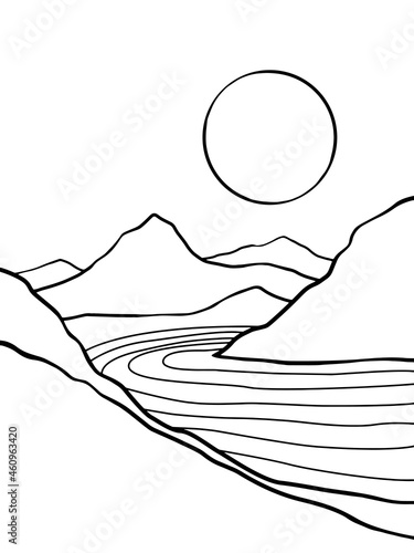 Mountain river and sun line art on white background