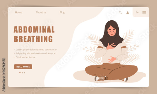 Diaphragmatic breathing. Landing page template. Arab girl practicing abdominal breathing for good relaxation. Meditation for body, mind and emotions. Online yoga. Flat cartoon vector illustration.
