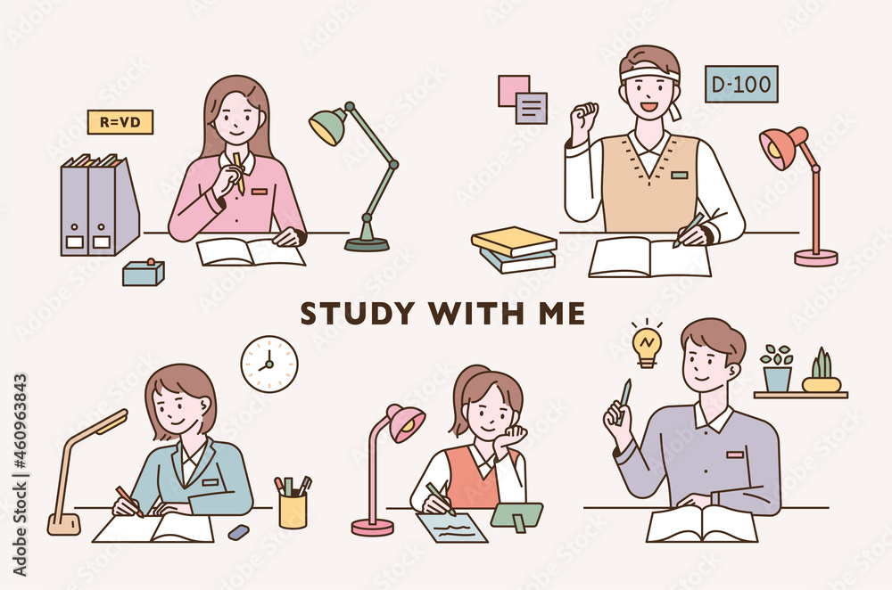 Students are sitting at their desks and studying hard. flat design style vector illustration.