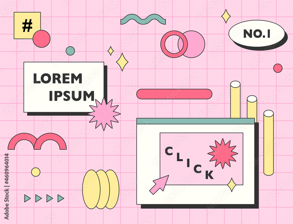 Web icons and shape icons are composed on a pink background with a grid. Simple pattern design template. Web icons and shape icons are composed on a pink background with a grid. Simple pattern design template.