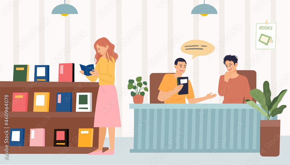 Book store and people. A woman reading a book by the bookshelf and a man talking about a book at the table. flat design style vector illustration.