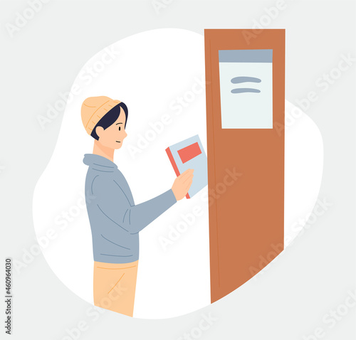 Book store and people. A man is selecting a book from a bookshelf. flat design style vector illustration.