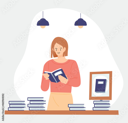 Book store and people. A woman reading a book at the book recommendation section. flat design style vector illustration.